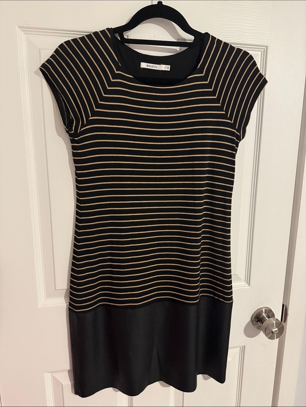 Bailey 44 Black and Tan Striped Cap-Sleeve Pleather Bottom Dress